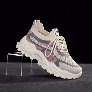 2023 Spring and Autumn New Sports Women's Shoes Breathable Fly-woven Casual Shoes Lightweight Soft Bottom Lace-up Fashion Daddy Shoes for Women