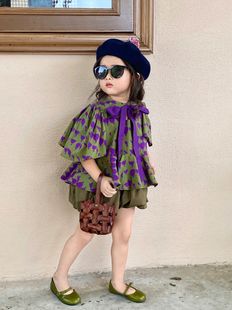 2023 girls' summer full printed purple balloon bow short-sleeved doll shirt + dark green flower bud shorts suit separate