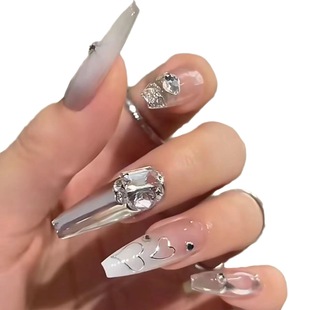 Wear nail pure handmade manicure finished fake nail Patch Magic mirror flash Diamond milky white French metal love heavy industry