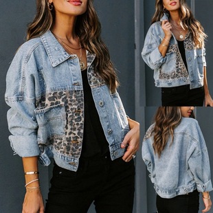 Cross-border autumn and winter Amazon Denim coat women's long sleeve independent station European and American Denim jacket coat women's leopard stitching