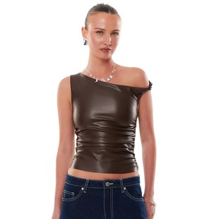 Sleeveless Leather T-shirt Top Summer New Fashionable Unique Solid Color Inclined Shoulder Pleated Design Tight-fitting Exhipired Waist Vest
