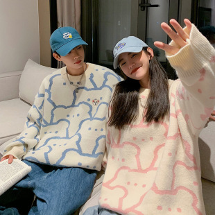 Cubs Couple Sweater Women's Spring and Autumn 2021 New Knitted Lazy Style Loose Outer Wear Pullover Jacket Clothes