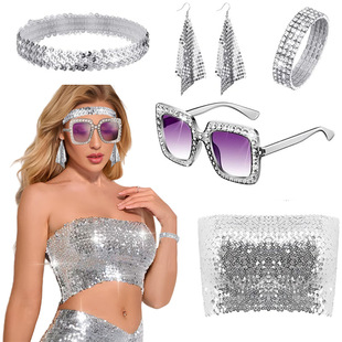 70 s Disco Sequins Women Jewelry Earrings Sequins Scarf Sunglasses Bracelet Headband Accessories Set