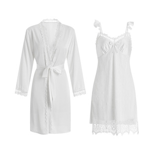 Guiruo Sexy Perspective Temptation Low-cut Pajamas Ruffled Sling Nightgown Lace-up Outer Robe Home Suit 1574