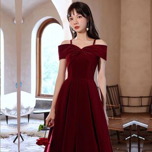 Sling off-shoulder engagement dress women's niche toast bride A- shaped wedding banquet back door dress
