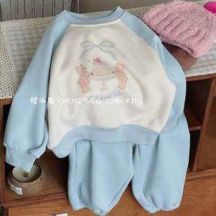 Children's Autumn and Winter suit Girls Cartoon fleece-lined Sweatshirt Kindergarten Baby Casual Thickened Sweatpants Two-piece Set