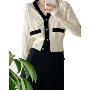 Chanel Style Sweater Cardigan Women's Early Autumn Coat Contrast V-Neck Knitted Early Gentle Style Soft Waxy Sweater Tight Waist Top