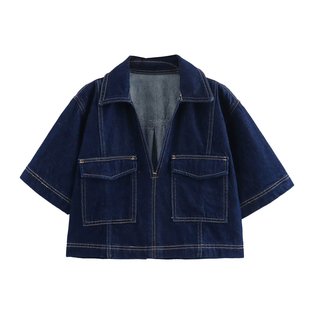 Top Line Decorative Pocket POLO Collar Short Sleeve Loose Short Denim Shirt Asymmetrical Culottes suit 2025 Summer Women