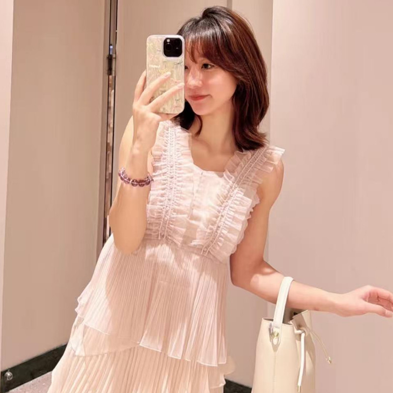 일본 S 홈 2025 여름 달콤한 Tulle Ruffled Pleated Camisole Chiffon 셔츠 탑 SWFB251174