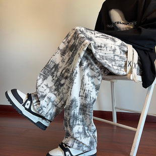 Pants Men's 2024 New Arrival Autumn and Winter Handsome Tie-Dye Casual Sweatpants Loose Tight Waist Students High Street Fashionable Wide Legs