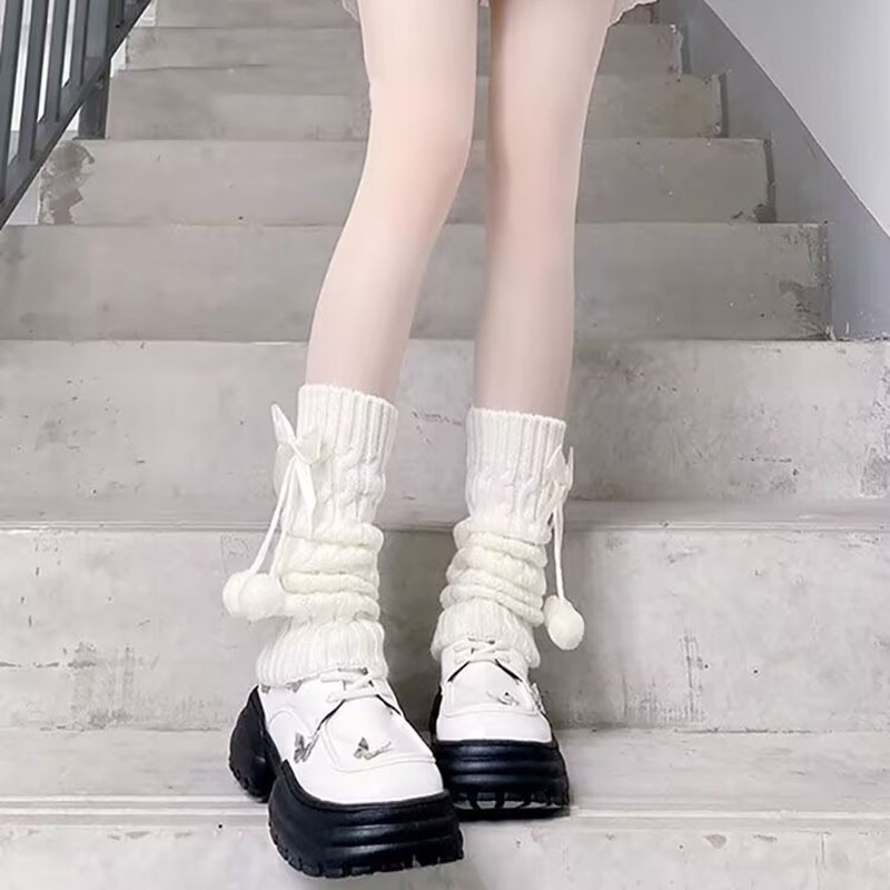 Knitted Slouch Socks for Women, Japanese Style Autumn and Winter Jk Leg Warmers, White Pom-Pom Lolita Pink Bow Leg Cover Socks