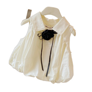 Girl's Bud Top Shirt Summer 2024 New Style Children's Sleeveless Top Design Little Girl's Doll Shirt