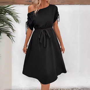 5081 in stock foreign trade goods source spring and summer women's elegant fashion solid color short sleeve dress