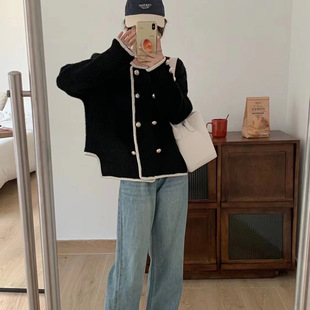2023 autumn and winter New Korean style double-breasted faux mink velvet Chanel style knitted cardigan coat women's elegant outer top