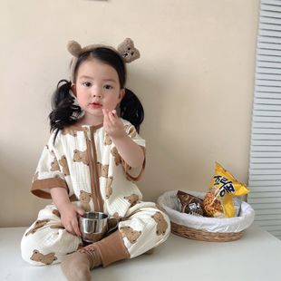 2023 new children's jumpsuit thin short sleeve gauze sleeping bag men's and women's treasure cotton yarn breathable climbing clothes a generation of hair