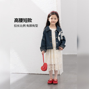 Children's clothing 2024 autumn new girls children's color contrast retro lapel long sleeve temperament three-dimensional flower Denim coat
