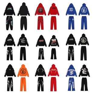 Cross-border New European and American Hell Star Trendy Brand Loose Retro Letter Printed Hooded Sweater Trousers Trendy