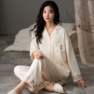2024 new spring and autumn waffle pajamas autumn and winter can be worn outside home clothes women's lapel long sleeve trousers suit