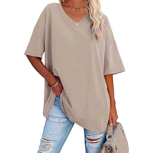 2024 Amazon Cross-border Spring and Summer New Products Europe and America Loose Half Sleeve V-neck Contrast plus size T-shirt Women's Top
