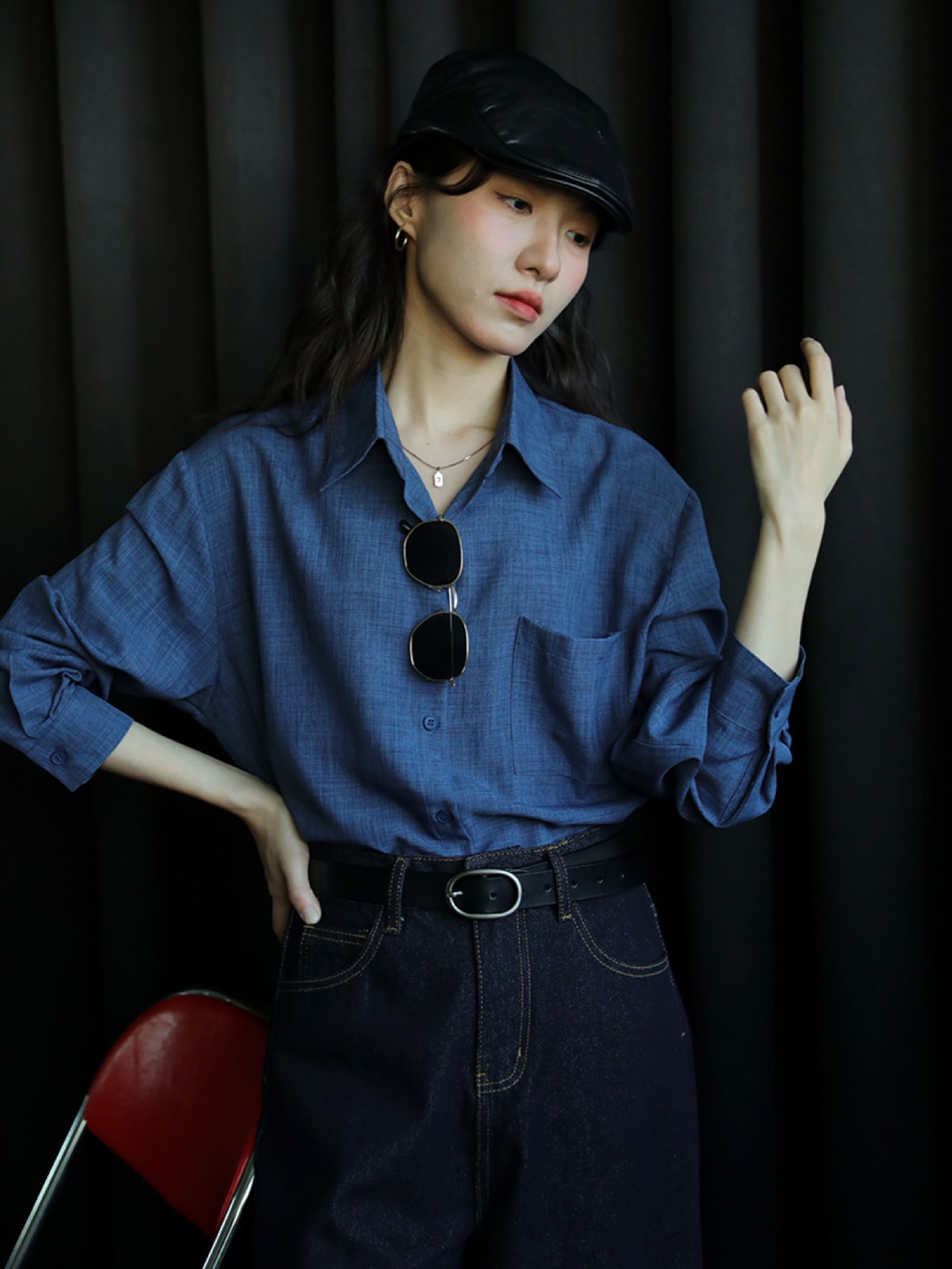 Dark blue, stylish inner layer, loose-fitting, retro Hong Kong-style long-sleeved shirt, new autumn collection for women