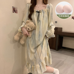 W9Q French Princess Style Long Sleeve Pajamas Women's New Spring and Autumn Loose Long Nightgown Thin with Chest Pad Sweet