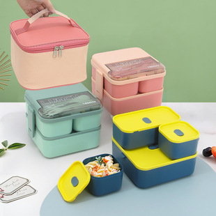 Cross-border compartment double-layer student lunch box with insulation bag square office worker plastic lunch box sealed portable lunch box