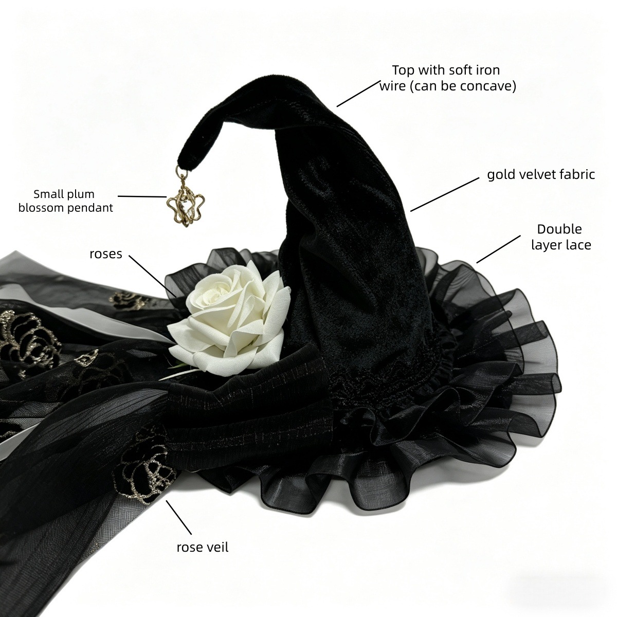 Lolita Gothic Dark Style Rose Top Hat Hair Accessory Lace Veil Ribbon Halloween Wizard Hat Headdress