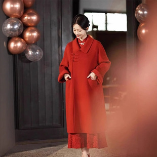 FL223103 Autumn and Winter Red Hepburn Wind Coat Women's Clothing Autumn and Winter New Chinese Style Light National Style Button Wool Coat