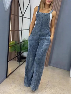 2025 Europe and the United States cross-border Amazon women's fashion washed Denim jumpsuit wide leg casual overalls suspenders