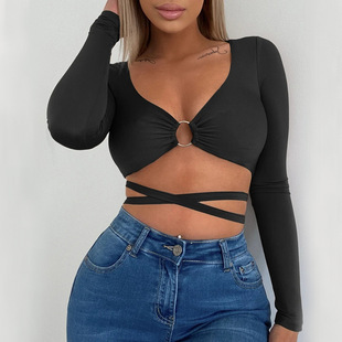 Summer 2022 European and American sexy navel slim top solid color versatile lace-up hollow V-neck long sleeve T-shirt cross-border women's clothing