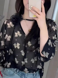 Butterfly Printed Chiffon Blouse Light Luxury High-end 2025 Super Fire Age-reducing Shirt Three-dimensional Flower Sunscreen Blouse