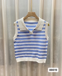 Vintage Fashion Striped Knitted Women's Summer Thin Outer Wear Pure Sweet and Spicy American Style Sleeveless Cross-border Style PO1O Collar Top