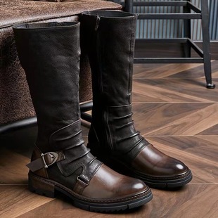 Cross-border Foreign Trade Square Heel High-top Men's Boots Large Size Winter Brown Stitching Solid Color Jack Captain Round Toe Martin Boots