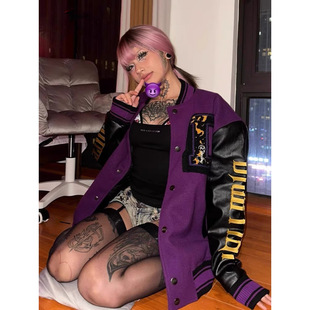 New American Baseball Suit Embroidered vintage Color Contrast Stitching Jacket Coat American High Street Couple Purple