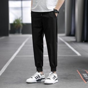 Ice silk pants men's summer breathable thin cropped casual trousers Korean style trendy loose ankle-tied Sports men's pants