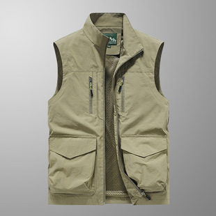 Spring and Autumn Men's Vest Multi-Pocket Outdoor Quick-Dry Casual Photography Fishing Vest for Middle-aged and Elderly with Vertical Collar Dad Jacket