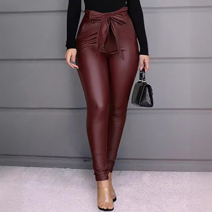 W8247 Amazon independent station European and American women's fashion casual PU pants leather pants (including Belt)