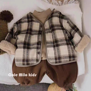 Children's Plaid Fleece-Lined Jacket Korean Style New Style 2025 Autumn and Winter Outerwear Baby Casual Versatile Thickeneded Cotton Coat