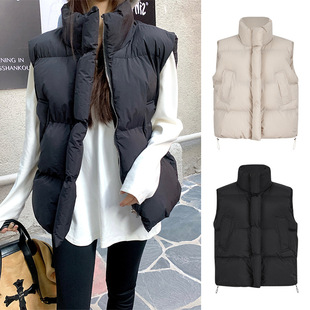 Real shot in stock-stand collar cotton-padded jacket vest women 2024 winter loose casual Joker round neck sleeveless coat