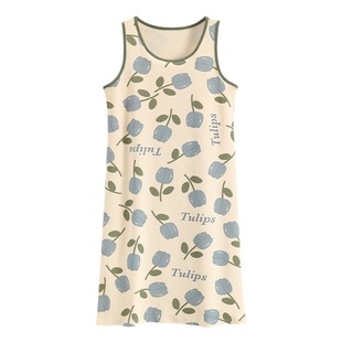 Cotton Vest Nightgown with Chest Pad Summer Anti-bulge Pajamas Women's Cartoon Sleeveless Sweet Skirt Outfit Home Clothes