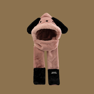 Bear hat winter women's scarf gloves all-in-one hooded winter scarf cute southern small potato warm three-piece set