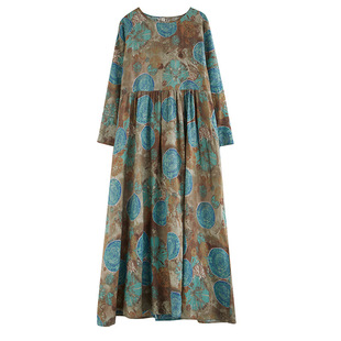 Cross-border foreign trade plus size women's clothing new floral holiday style travel round neck retro long dress meat covering cotton and linen dress