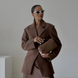 Cross-border European and American women's clothing 2024 explosion fashion lapel slim 2 color double row two button asymmetric suit jacket