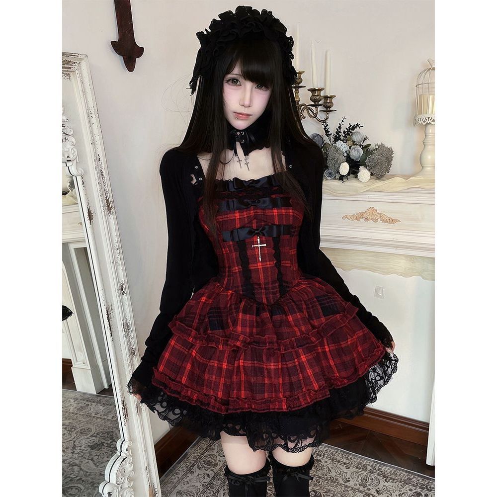 Blood Night Rose Japanese Gothic Style Bow Lace Patchwork Plaid Strap Dress Cardigan Set