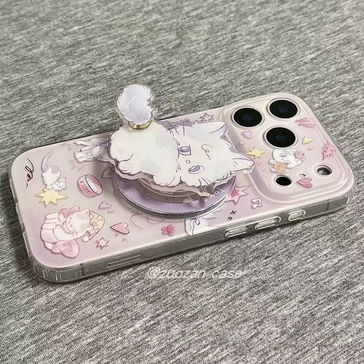 Magnetic graffiti light purple cat pattern case for Apple iPhone 17 Pro Max and iPhone 16 Pro (new model 15).