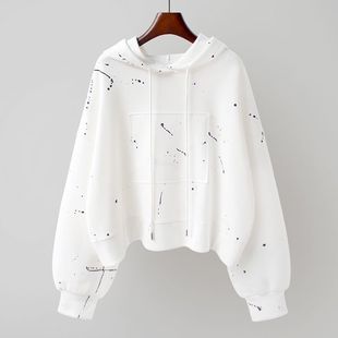 2022 Spring and Autumn Long Sleeve Sweatshirt Women's Loose Lazy Style Irregular Printed Trendy Short Top