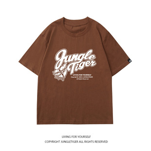 Jungle Tiger Summer New Letter Pure Cotton T-shirt Men's American Style Retro Trendy Loose Couple's Milk apricot Short Sleeve