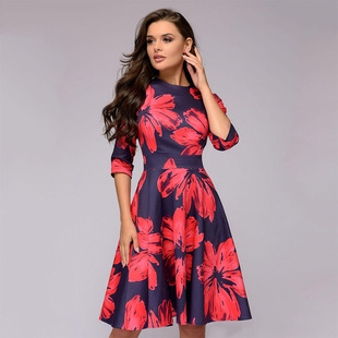 2022 Spring and Autumn Women's Dress Vintage Banquet Crewneck Printed Dress Fashion A- line Sexy Casual Dress