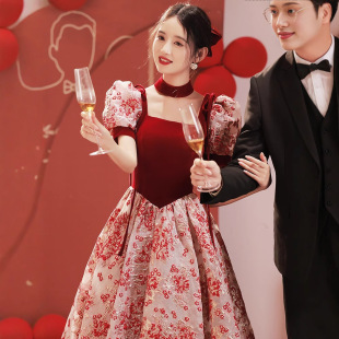 Bride toast dress usually can wear red engagement dress 2024 new wedding evening dress plus size small long sleeve