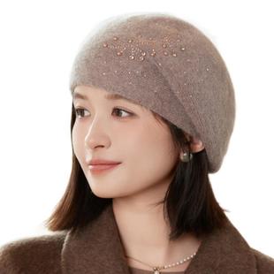 Rabbit Hair Knitted Hat Women's Winter Outdoor Warm Beret Grandma Mother Middle-aged Wool Hat Fashion All-match